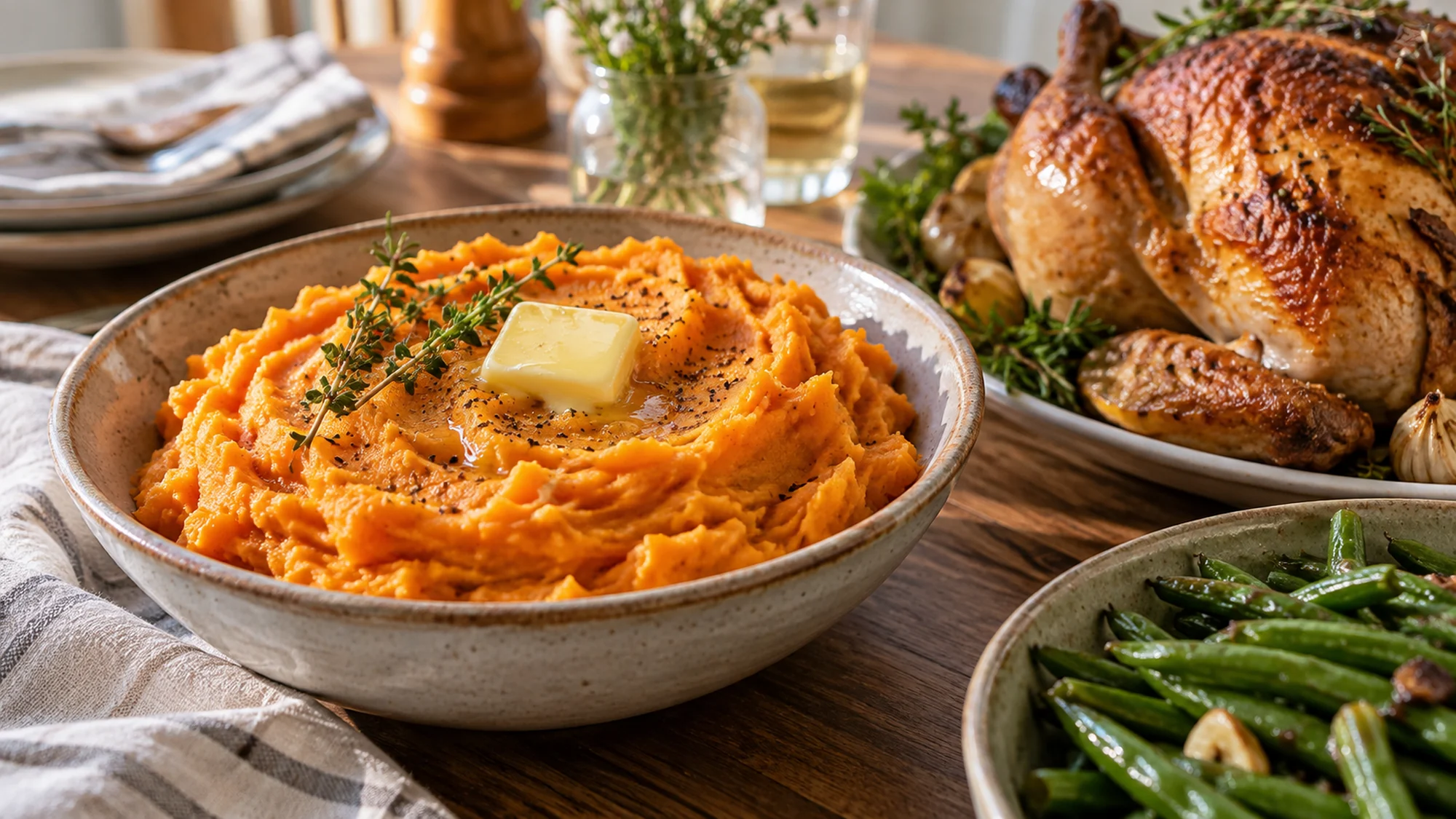 Serving bowl of savory mashed sweet potatoes on a dinner table, thyme garnish visible.