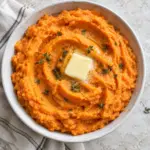 Square recipe card photo of mashed sweet potatoes