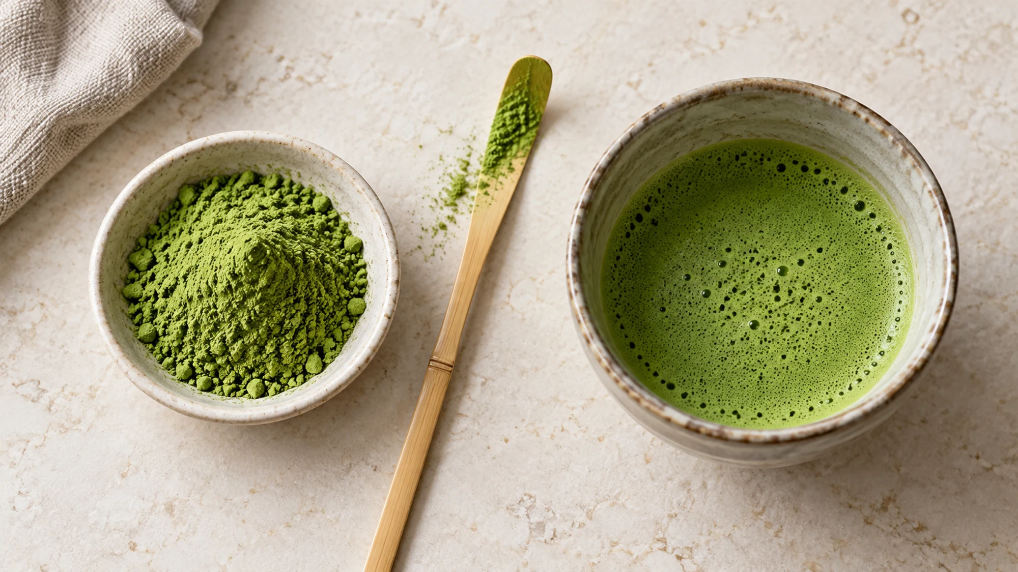 Fine matcha powder and a bowl of prepared matcha viewed from above