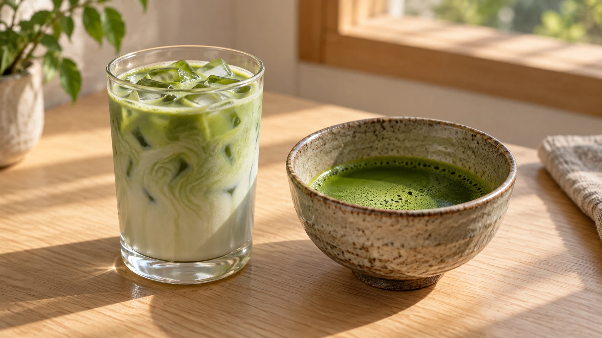 Iced matcha latte beside plain whisked matcha