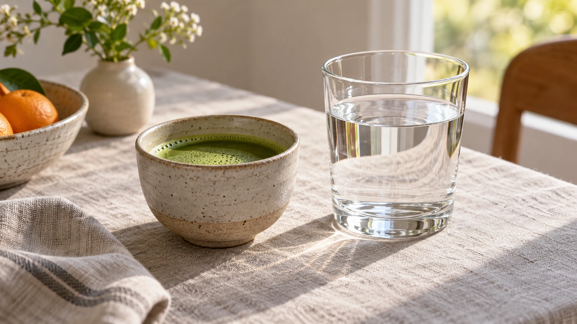 Small matcha bowl and a clear water glass on a breakfast table
