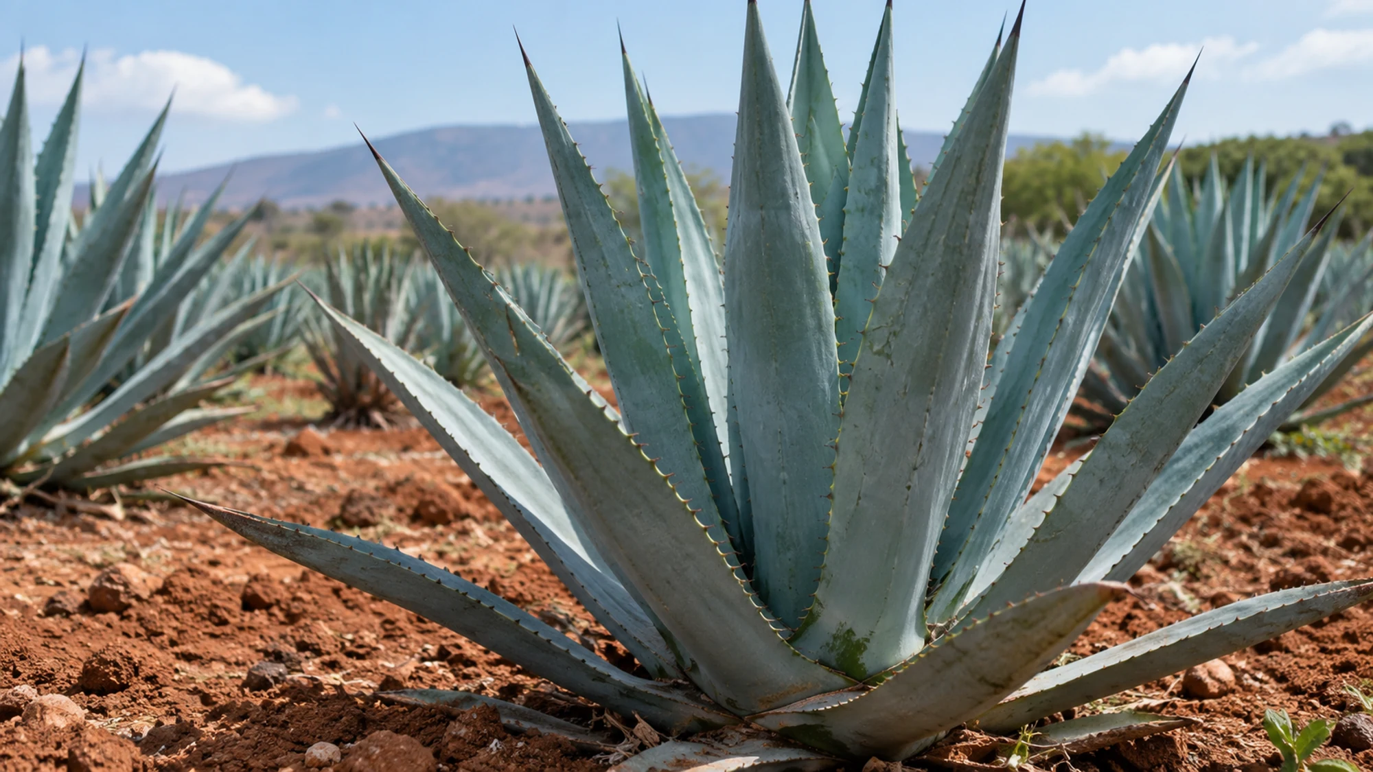 Blue agave plant growing in reddish soil with other agaves behind it