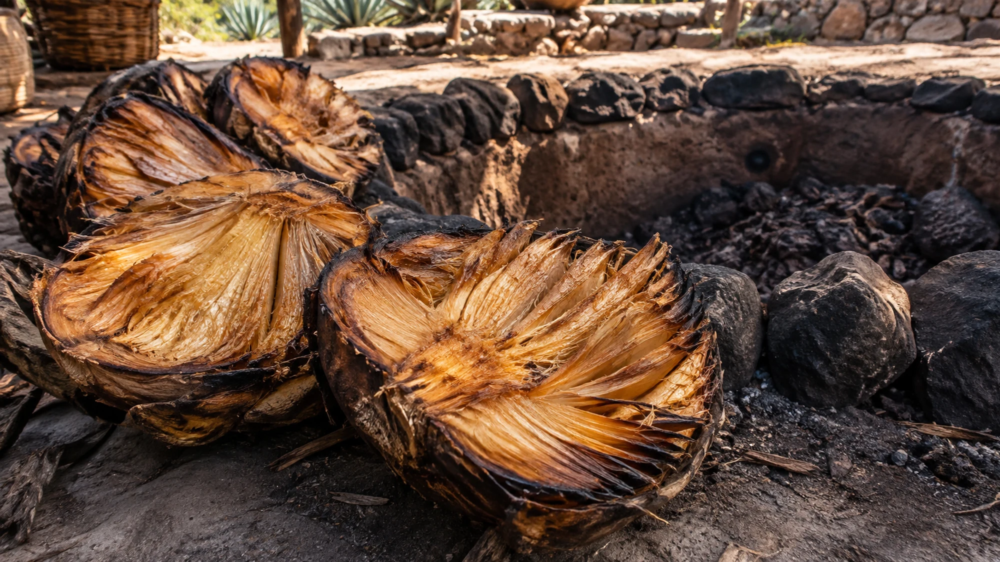 Roasted agave heart halves with fibrous amber centers beside a stone-lined cooking pit