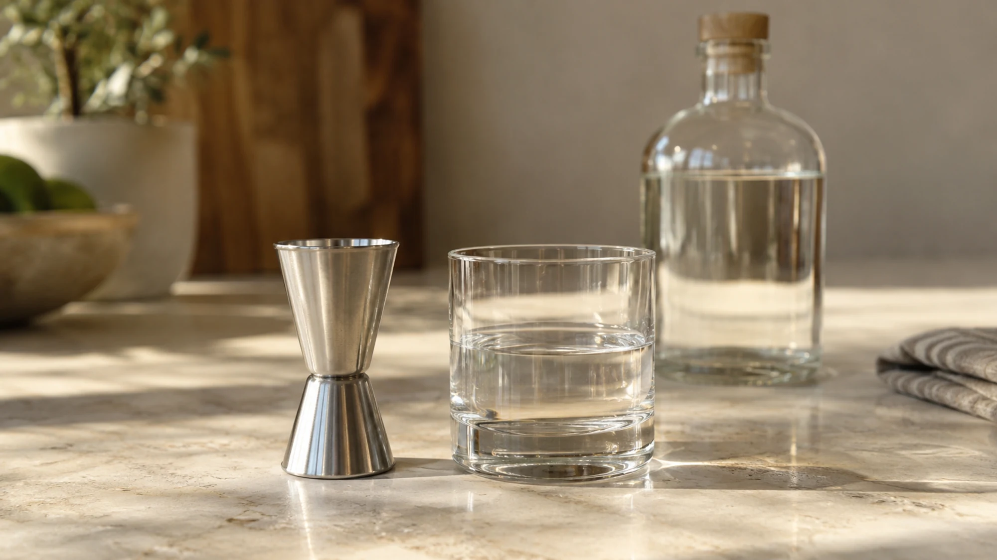 Stainless steel measuring jigger beside a small glass and plain spirit bottle