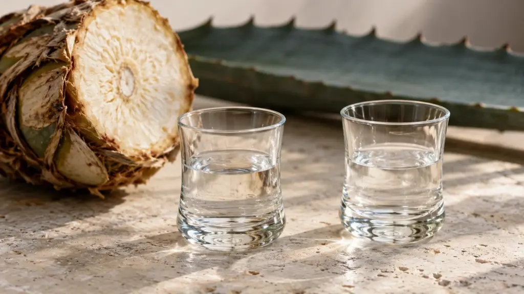 Two glasses of clear agave spirits beside a cut agave heart and blue-green leaf