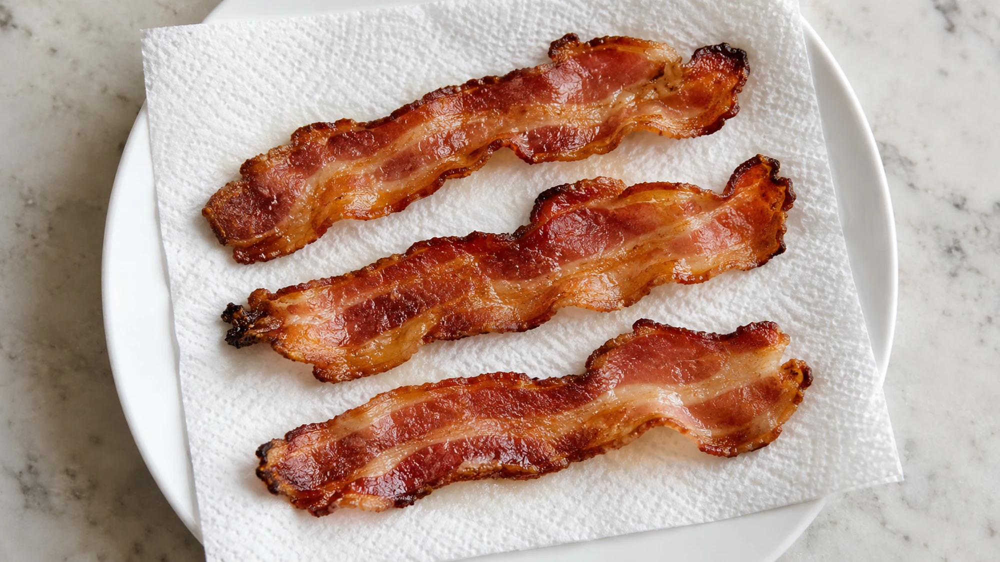 Three cooked bacon strips arranged on a paper-towel-lined plate, viewed from above