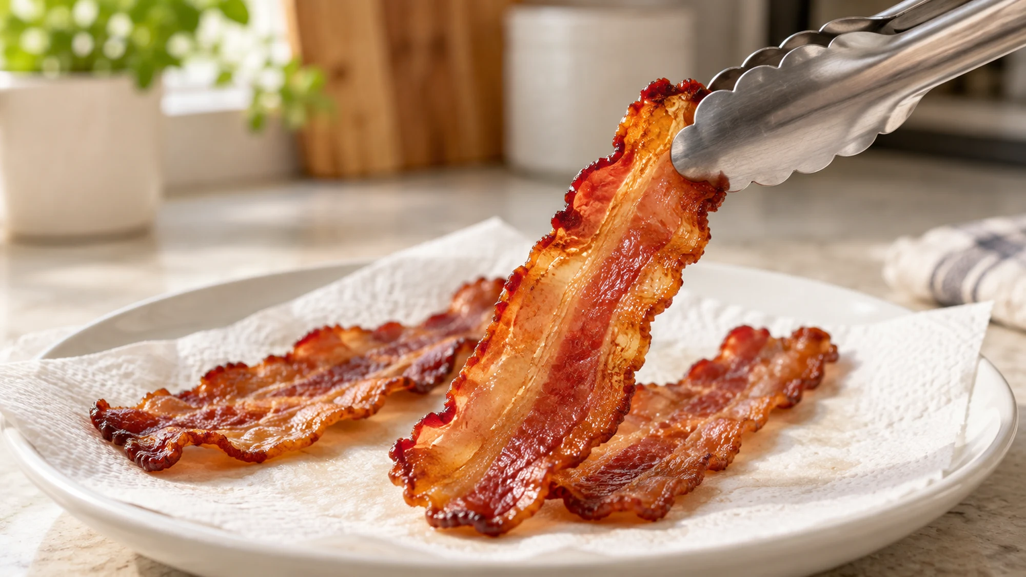 Metal tongs lifting a crisp cooked bacon strip from a white plate