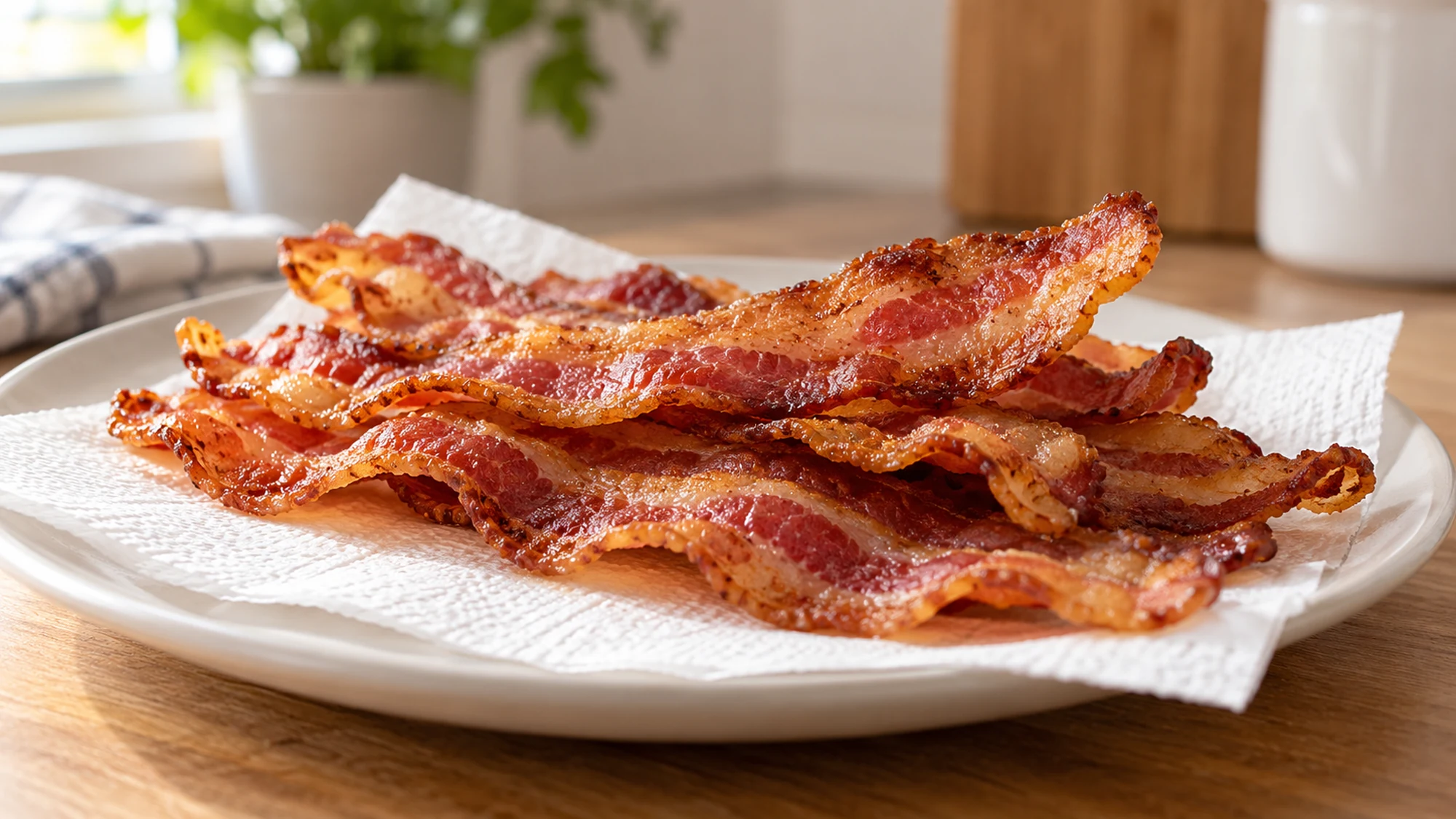 A small stack of crisp bacon strips draining on a white paper towel