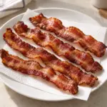 Four crisp microwave-cooked bacon strips on a white plate with paper towel