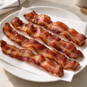 Four crisp microwave-cooked bacon strips on a white plate with paper towel