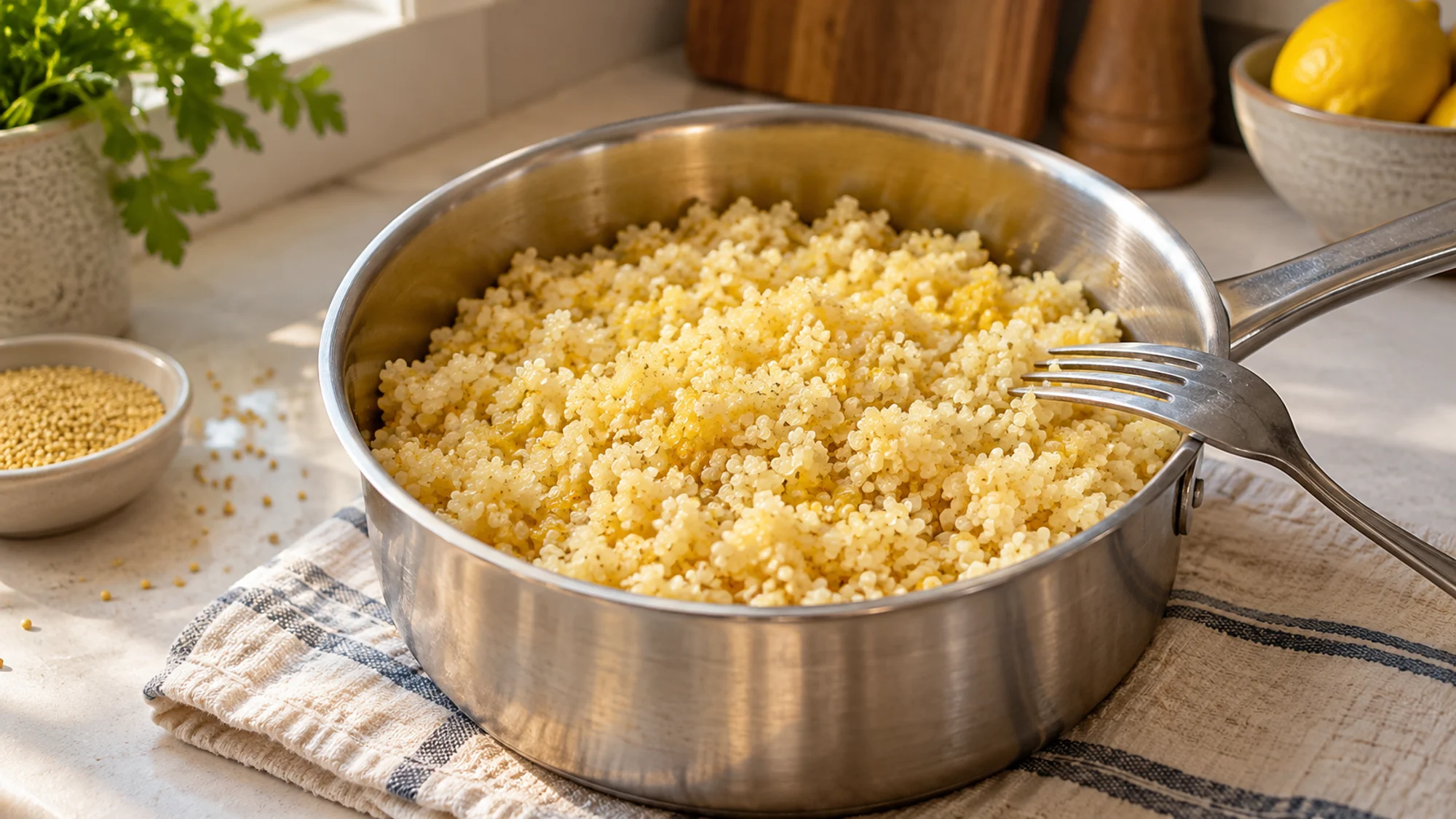 Fluffy cooked millet in a saucepan with a fork.