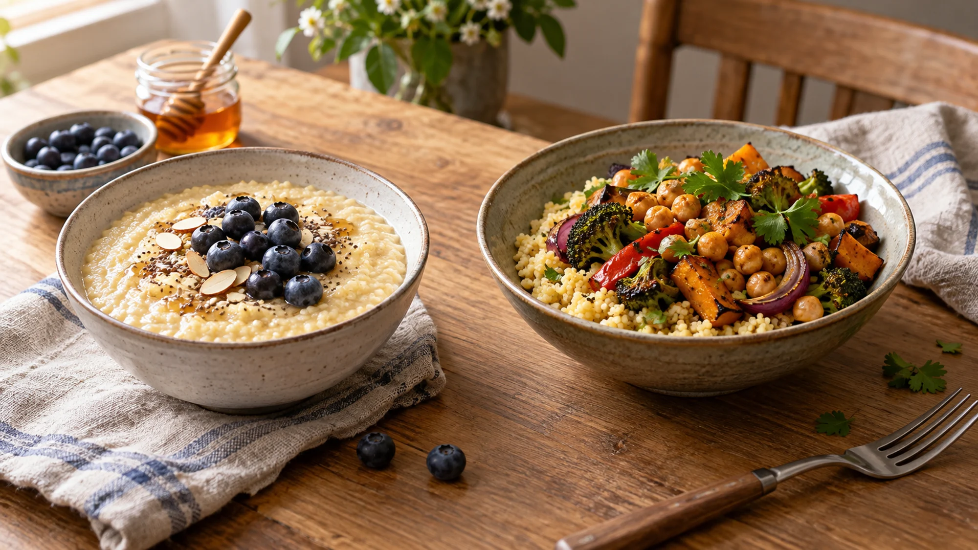 Millet porridge and a savory millet bowl served in separate dishes.