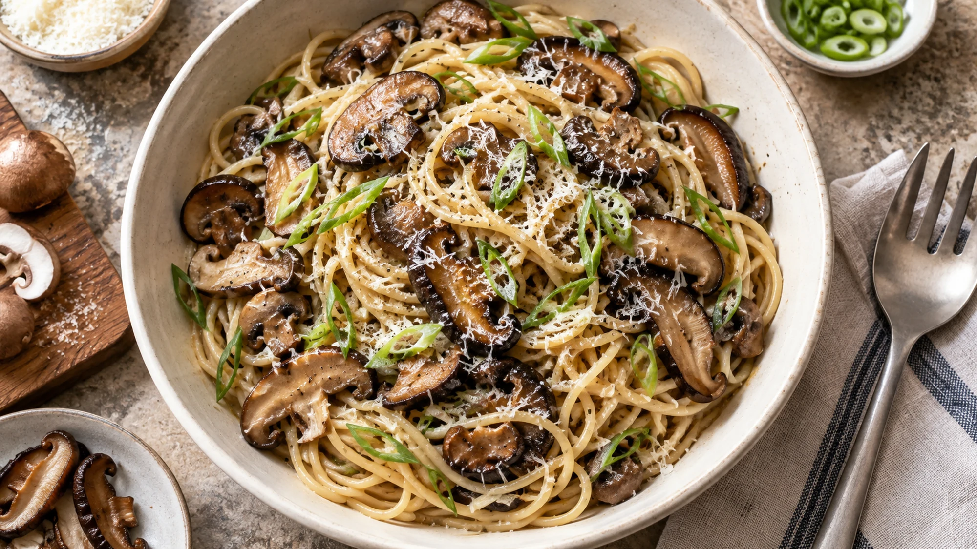 Overhead bowl of miso mushroom pasta with Parmesan and scallions