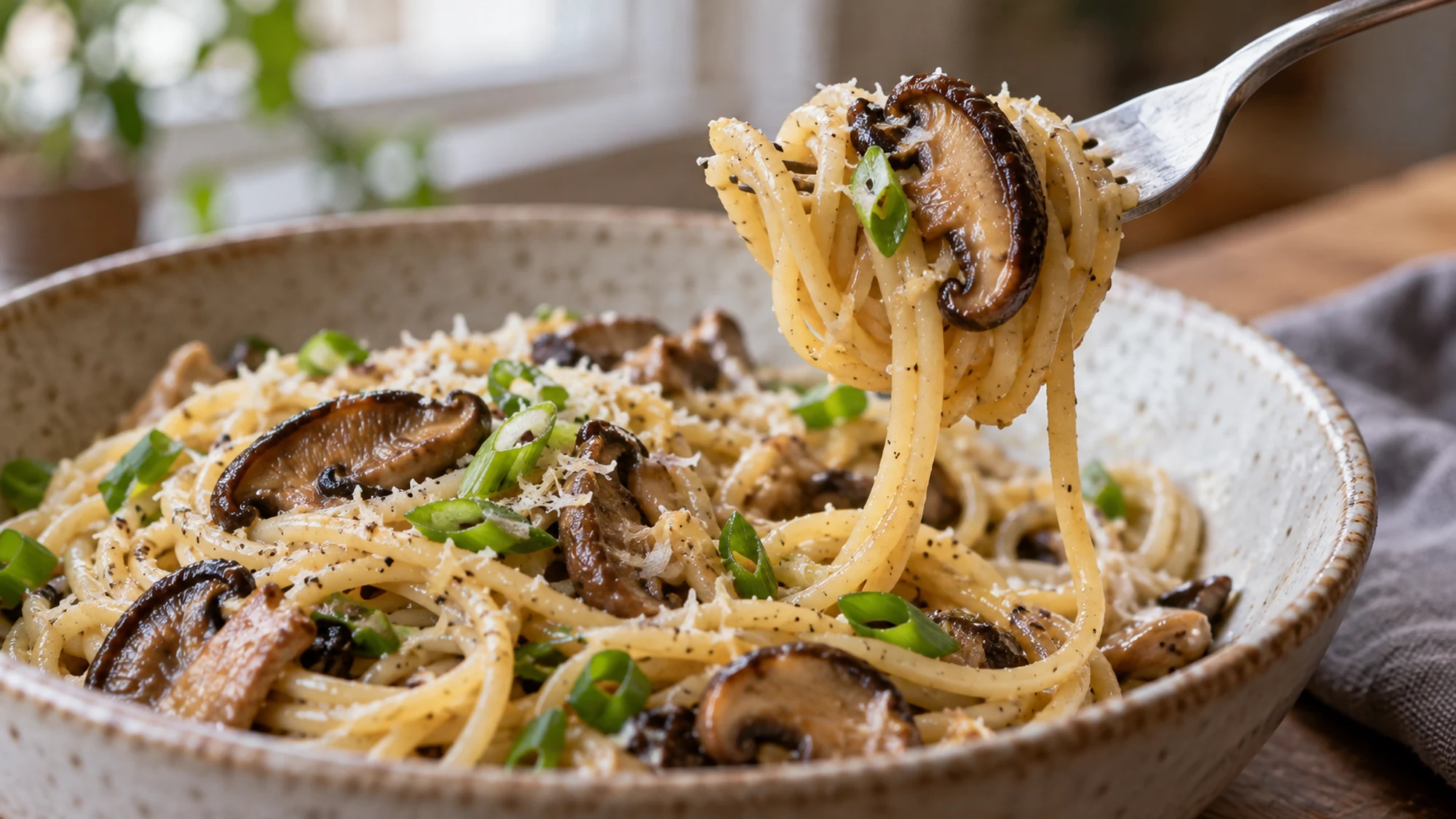 Browned mushrooms tossed with spaghetti in a silky miso sauce