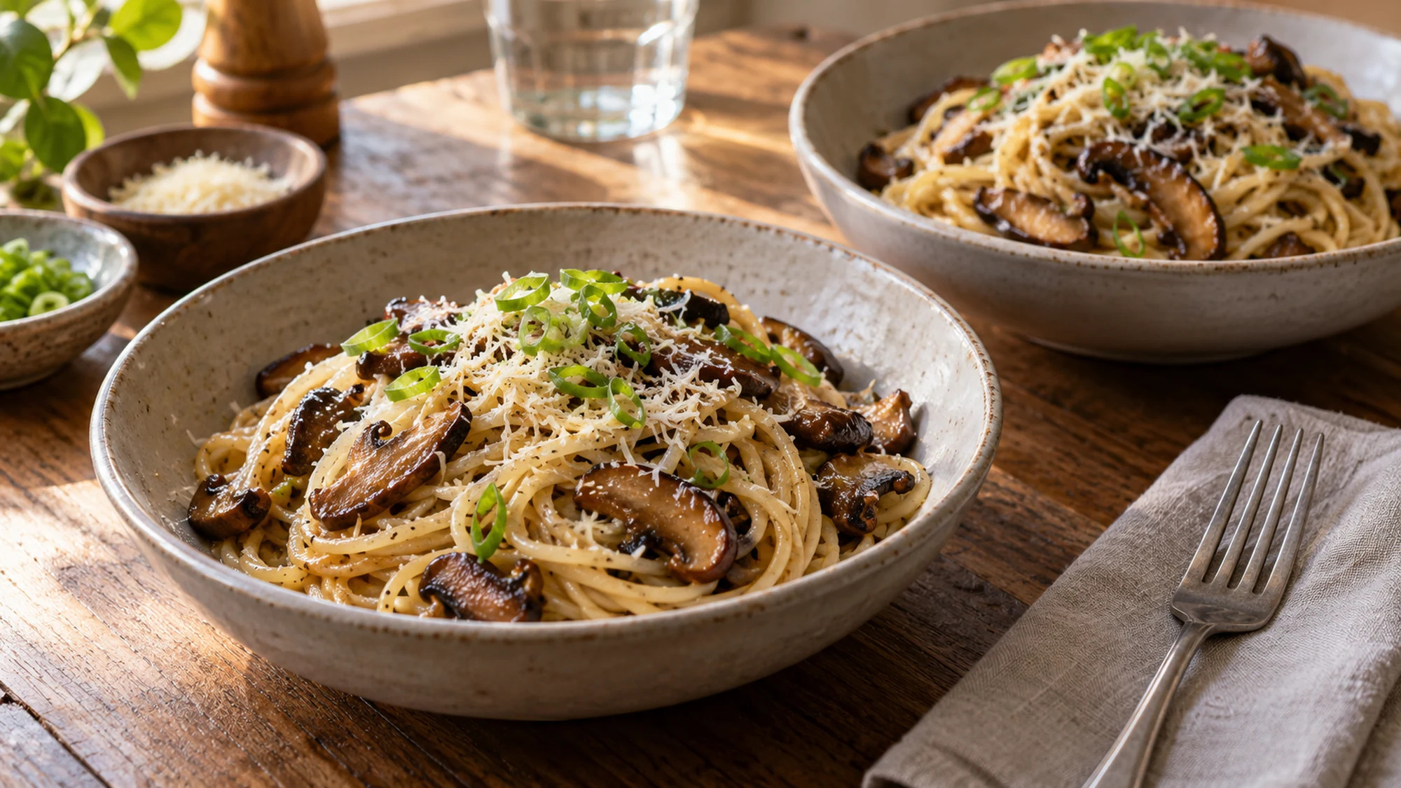 Two bowls of miso mushroom pasta ready to serve