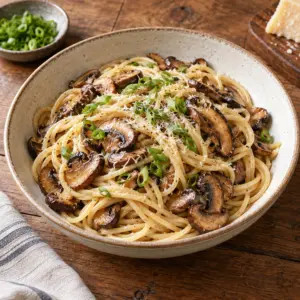 Square close-up of spaghetti and browned mushrooms with scallions