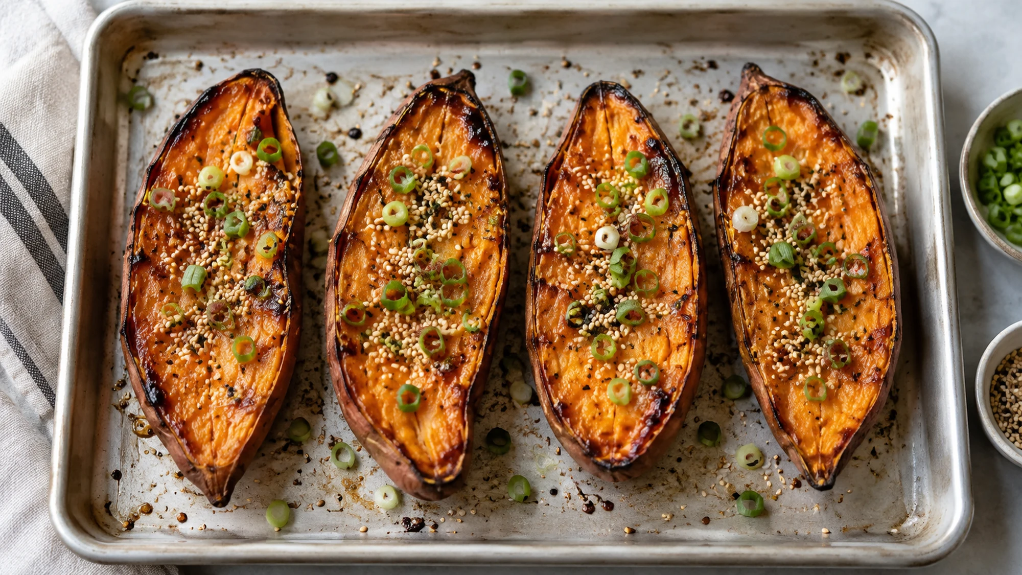 Overhead tray of caramelized miso roasted sweet potato halves