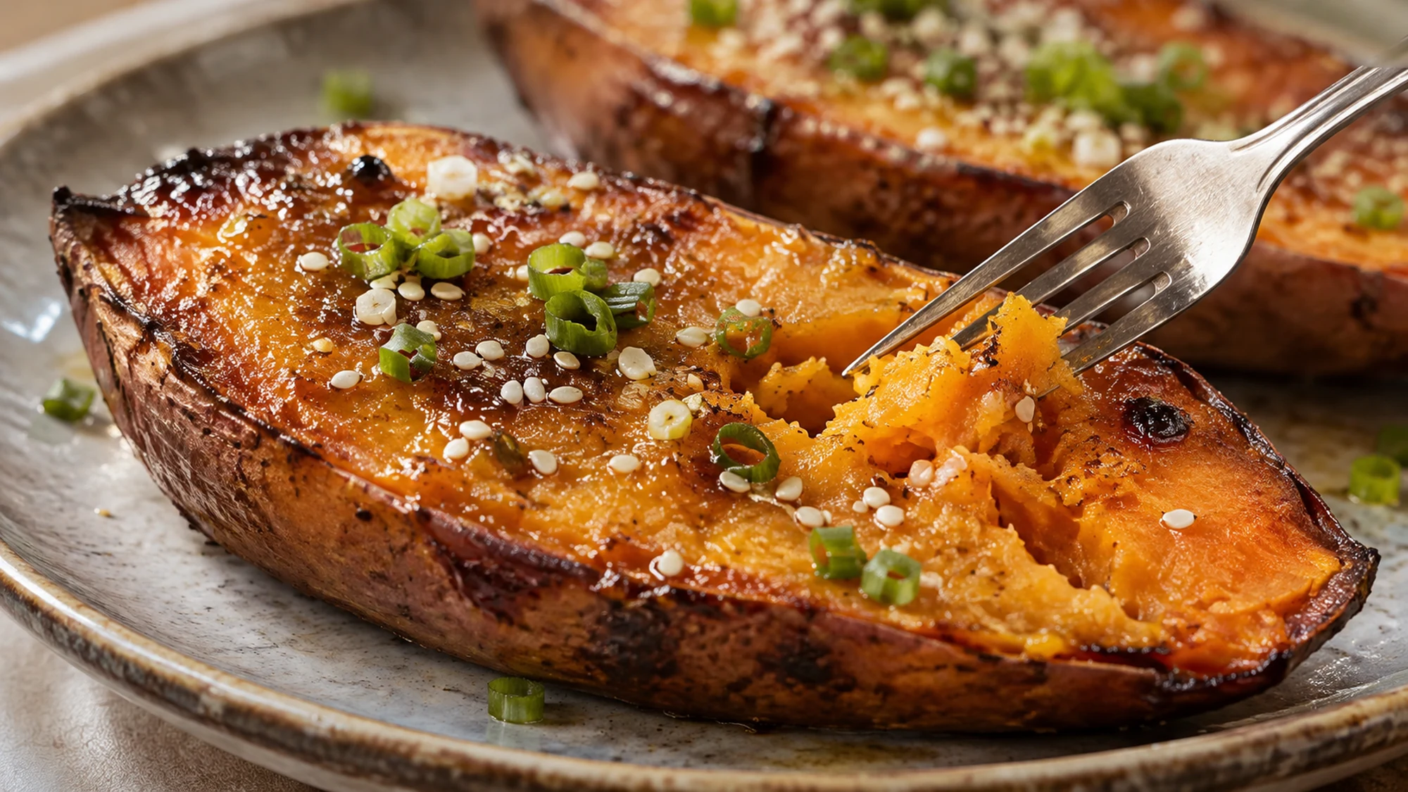 Miso glaze brushed onto roasted sweet potatoes before the final broil