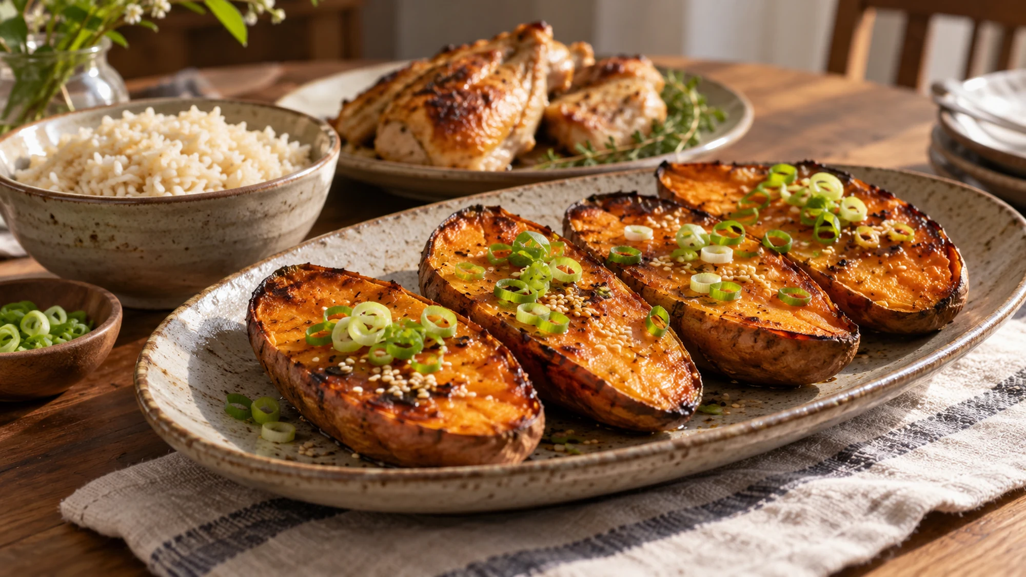 Miso roasted sweet potato served beside rice and chicken