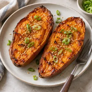 Square close-up of a glazed roasted sweet potato half with sesame