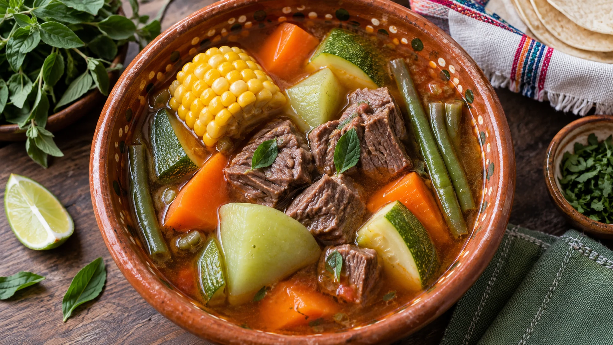 Overhead view of mole de olla with beef and colorful vegetables