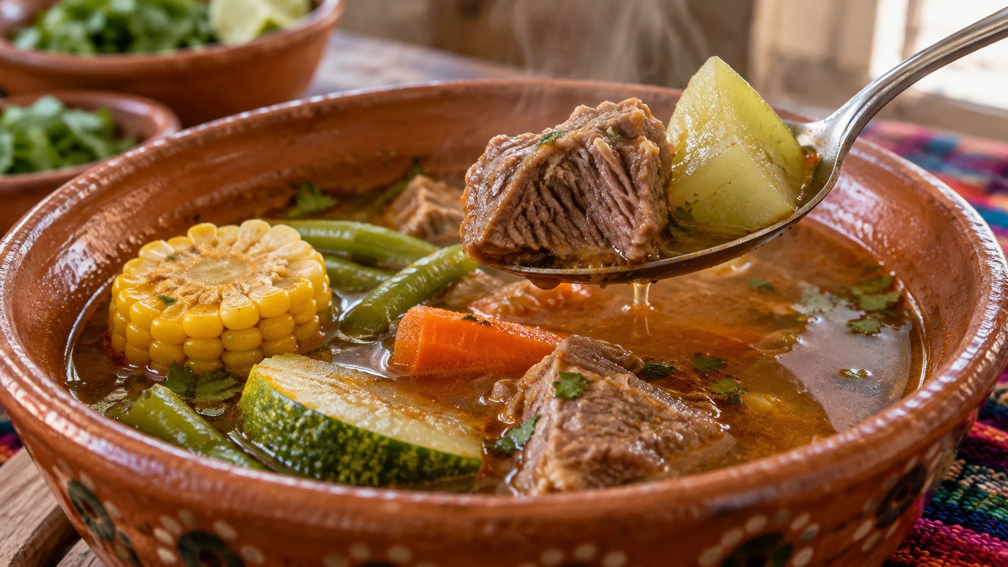 Red chile broth and vegetables simmering in the mole de olla pot