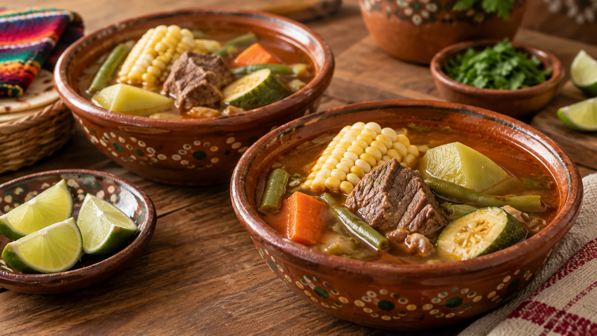 Mole de olla served with lime wedges and warm tortillas