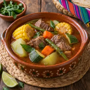 Square close-up of beef and corn in mole de olla broth