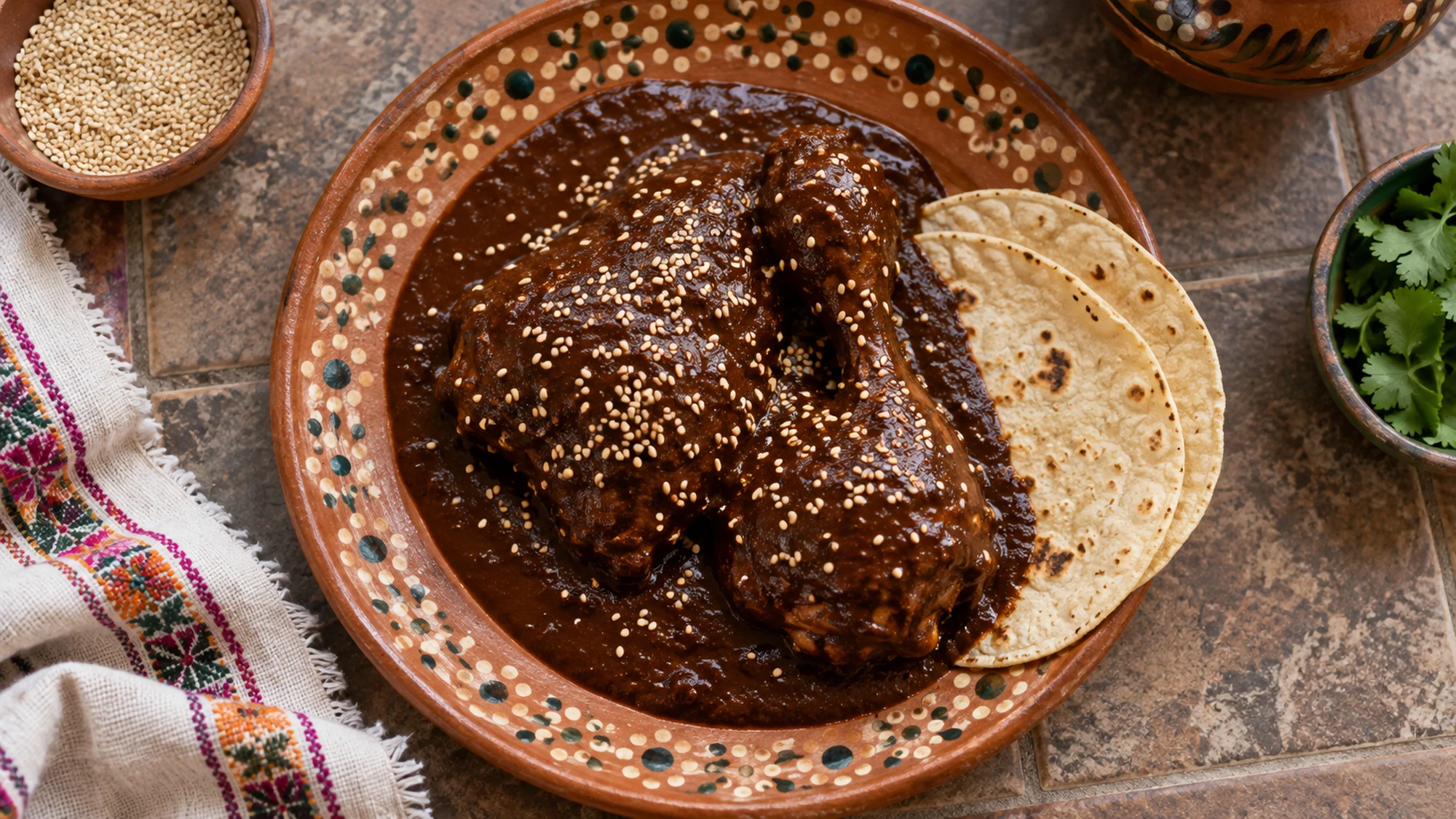 Overhead bowl of mole poblano chicken finished with sesame seeds