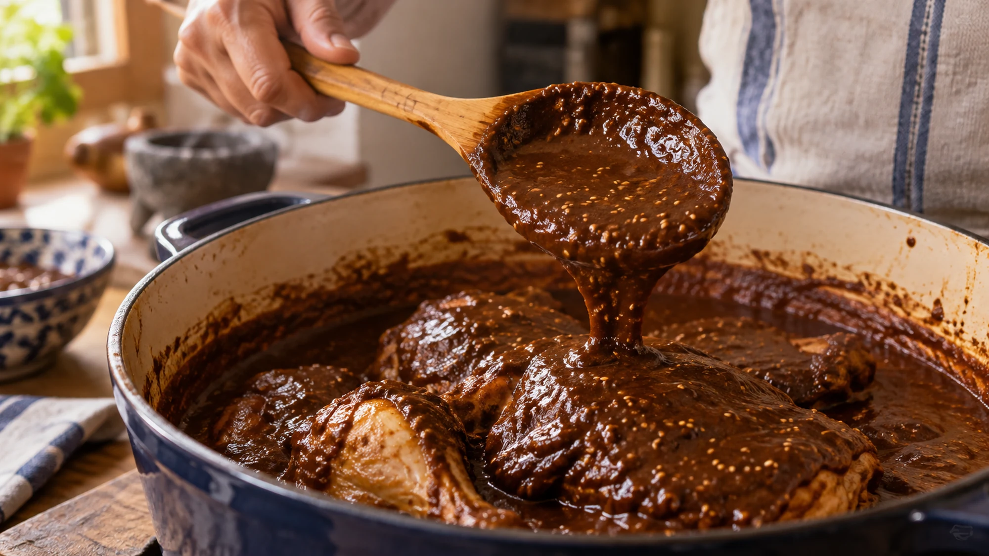 Mole poblano sauce being spooned over chicken in a cooking pot