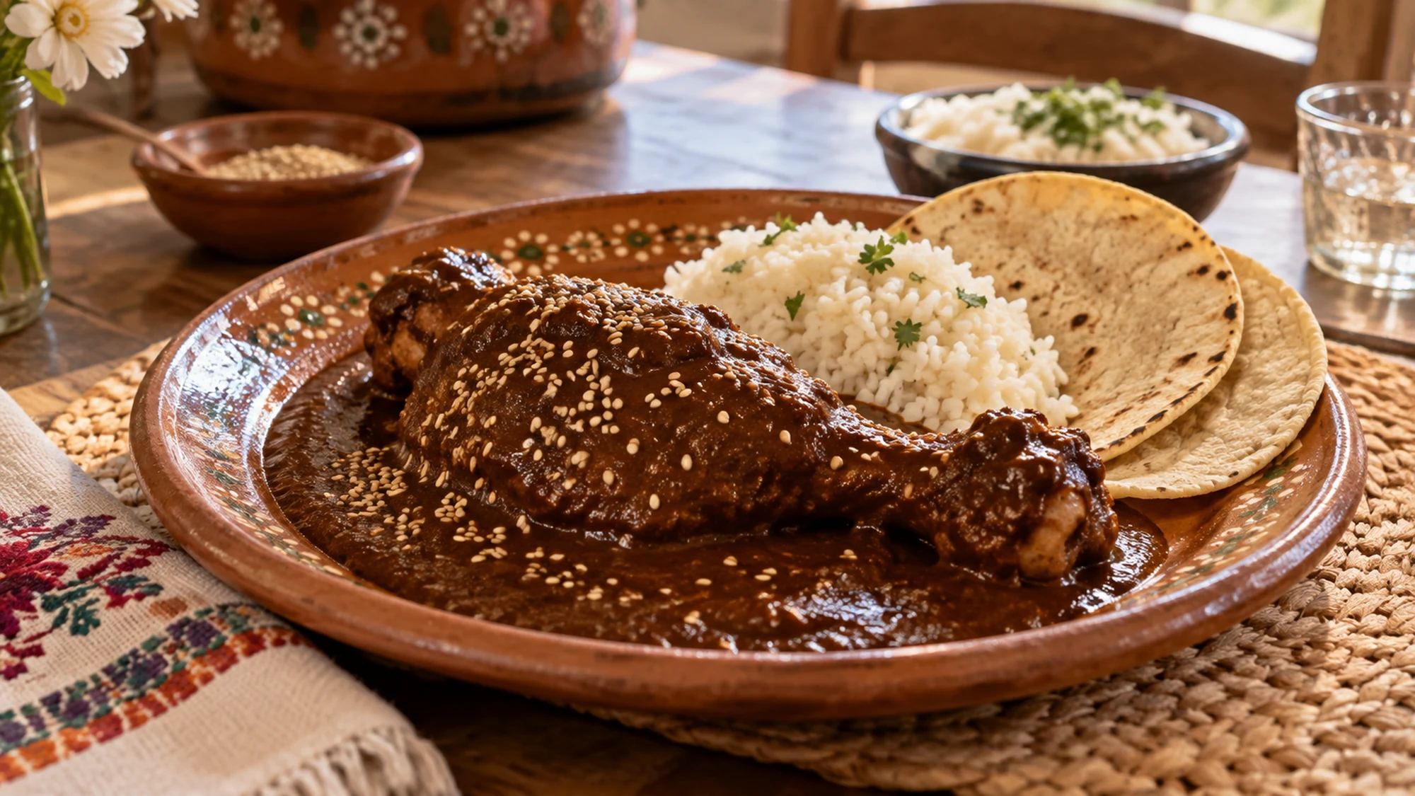 Mole poblano chicken served with rice and warm tortillas