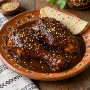 Square close-up of mole poblano chicken coated in dark chile sauce