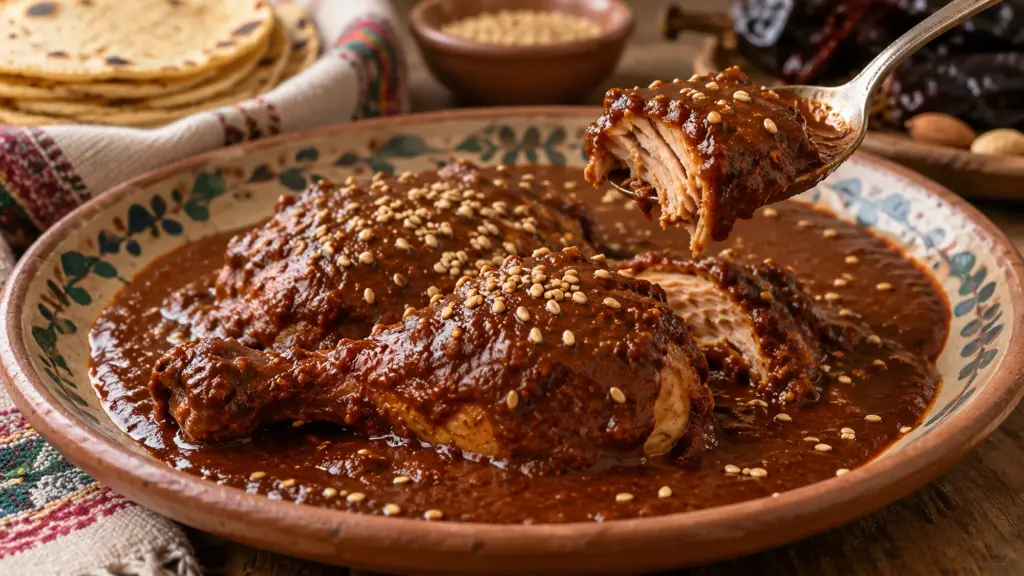 Chicken in glossy dark mole poblano sauce with a spoon lifting one tender piece