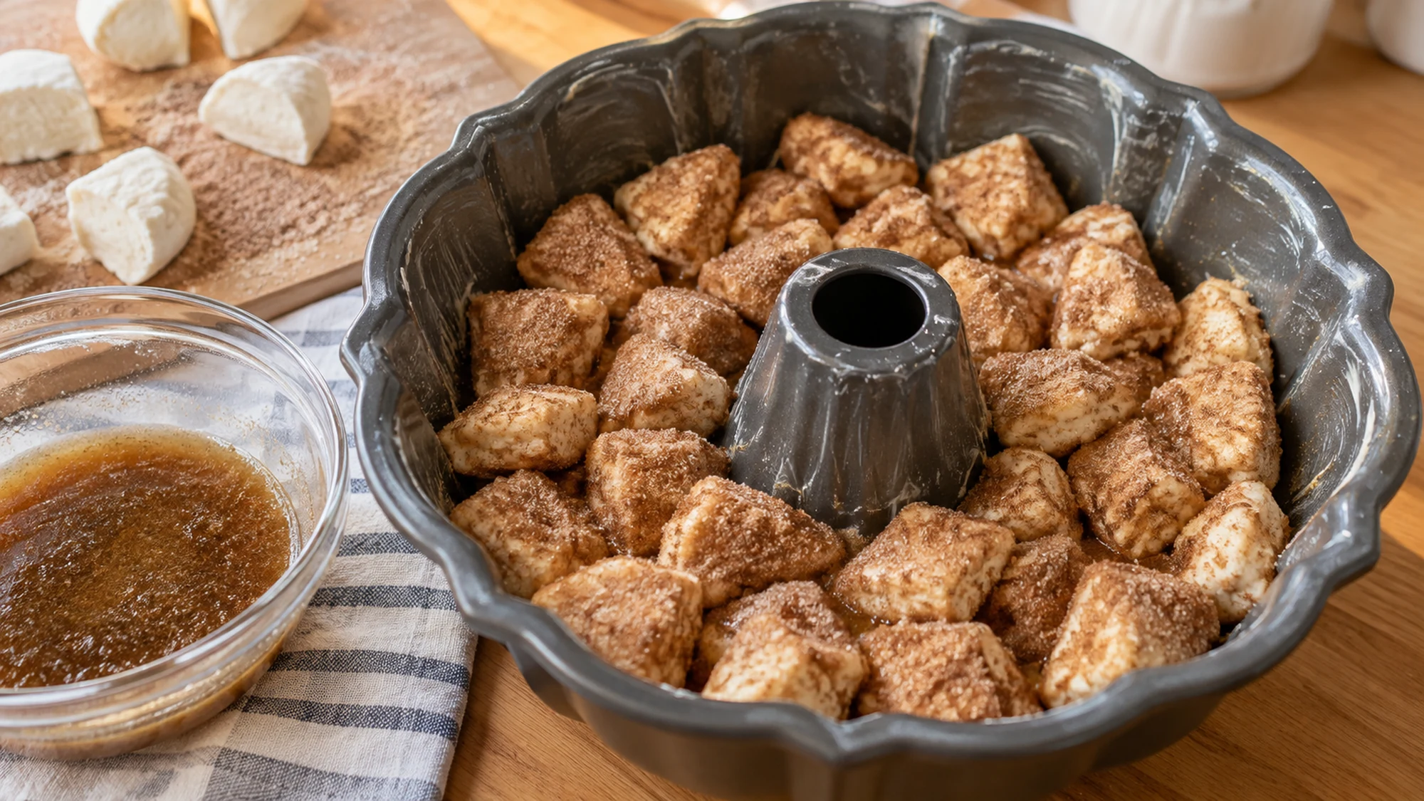 Cinnamon dough pieces layered in a Bundt pan