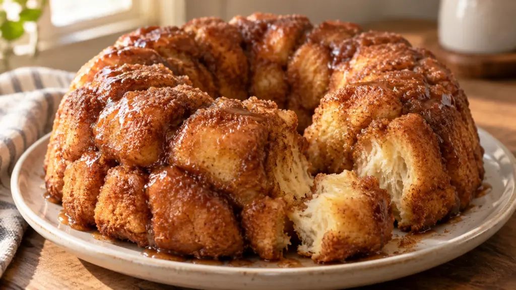 Golden cinnamon monkey bread on a serving plate