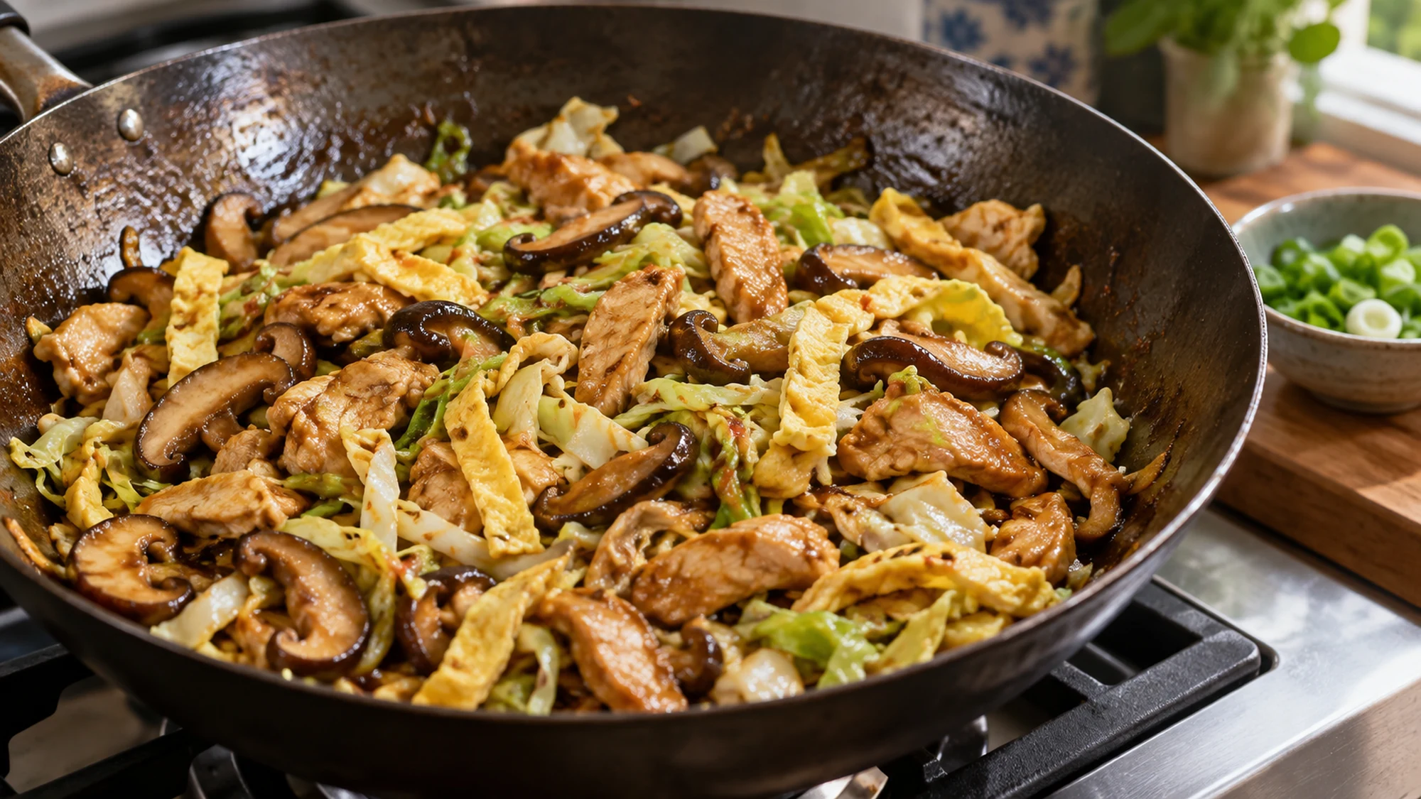 Cabbage and mushrooms cooking for moo shu chicken