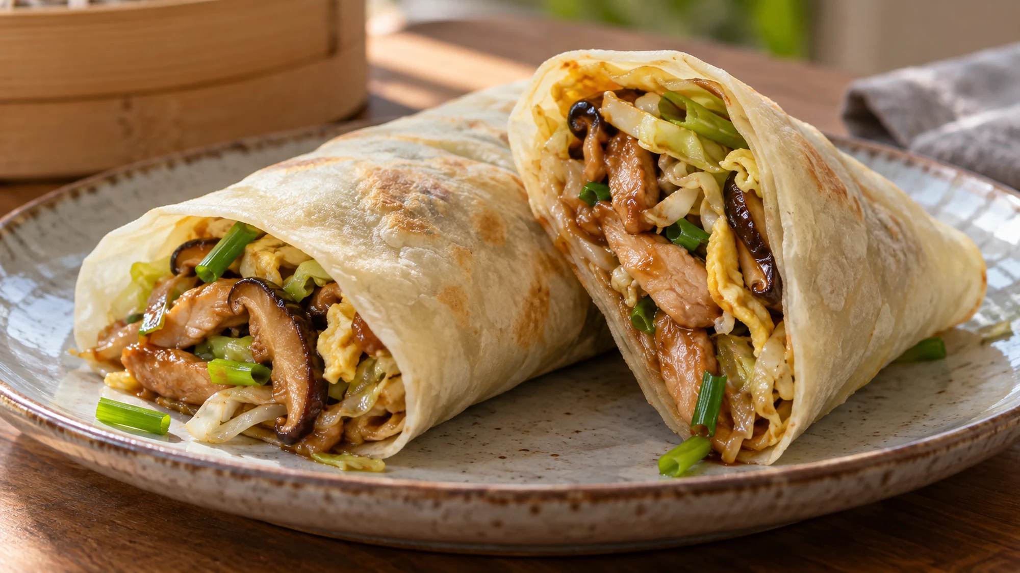 Moo shu chicken with egg ribbons and warm pancakes