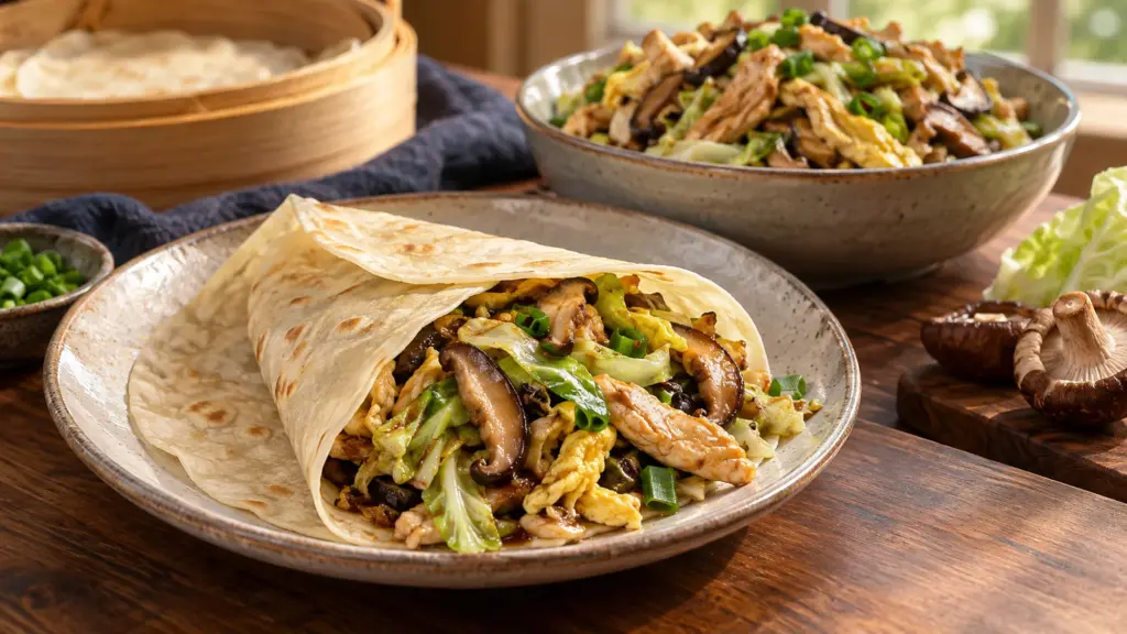 Moo shu chicken in a skillet with cabbage and egg ribbons
