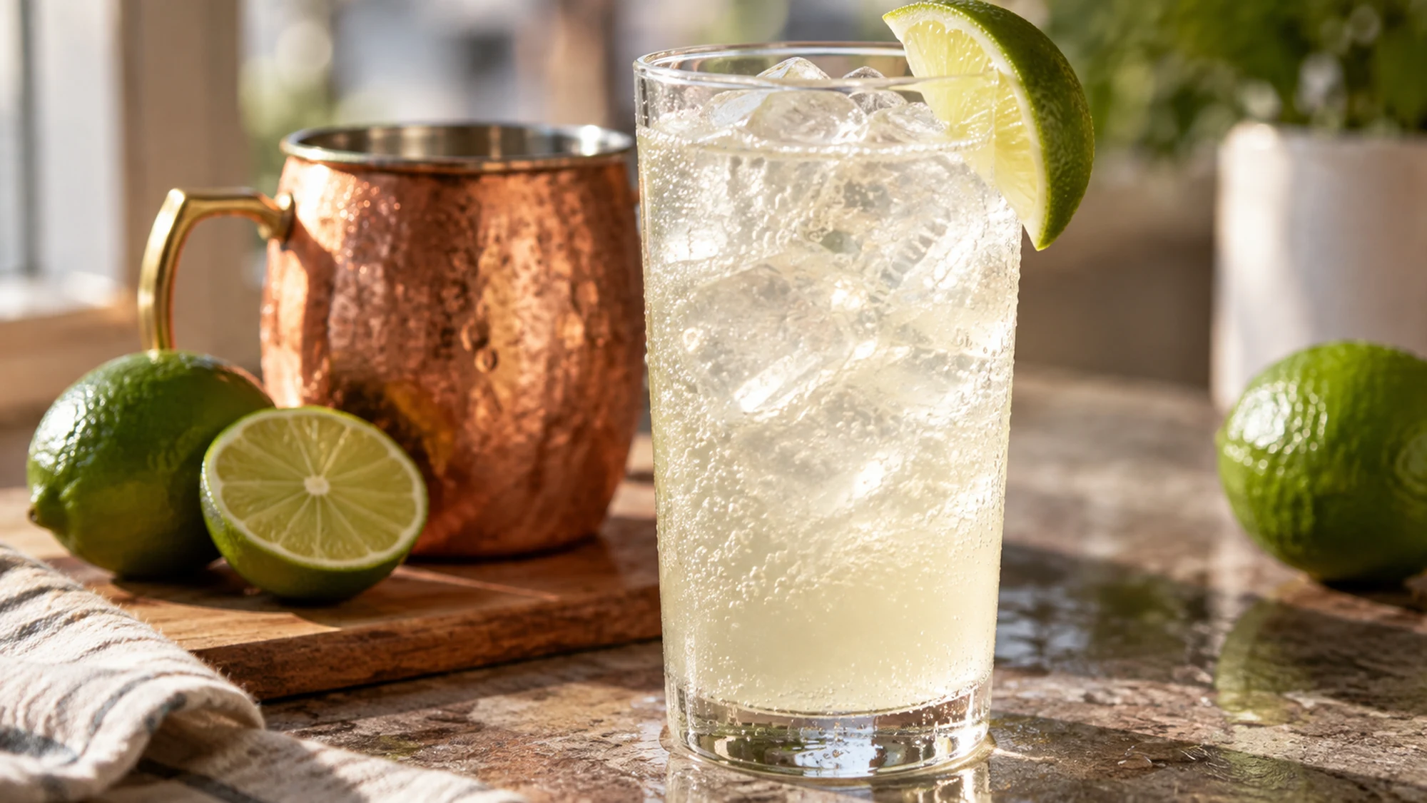 Vodka and fresh lime being poured over ice for a Moscow Mule