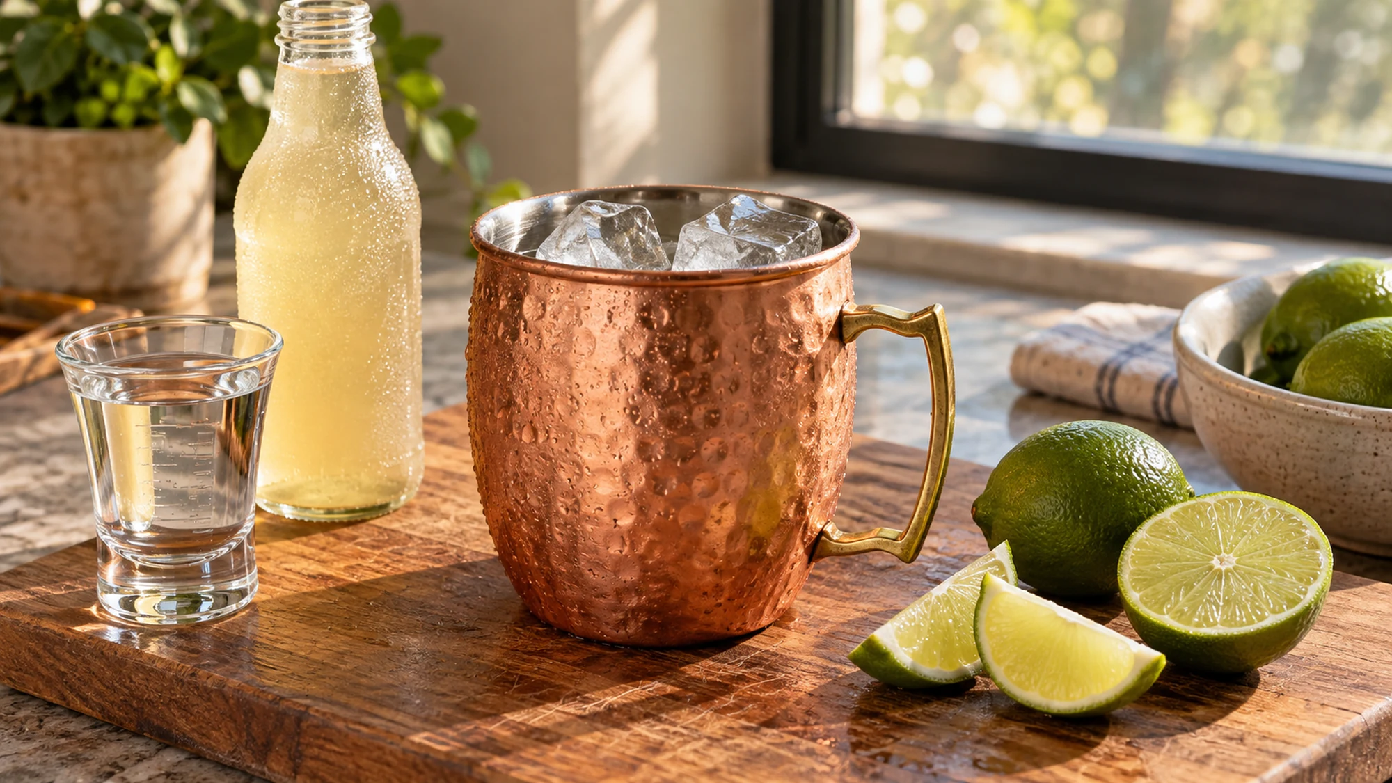 Vodka, fresh lime, ice and ginger beer ready for a Moscow Mule