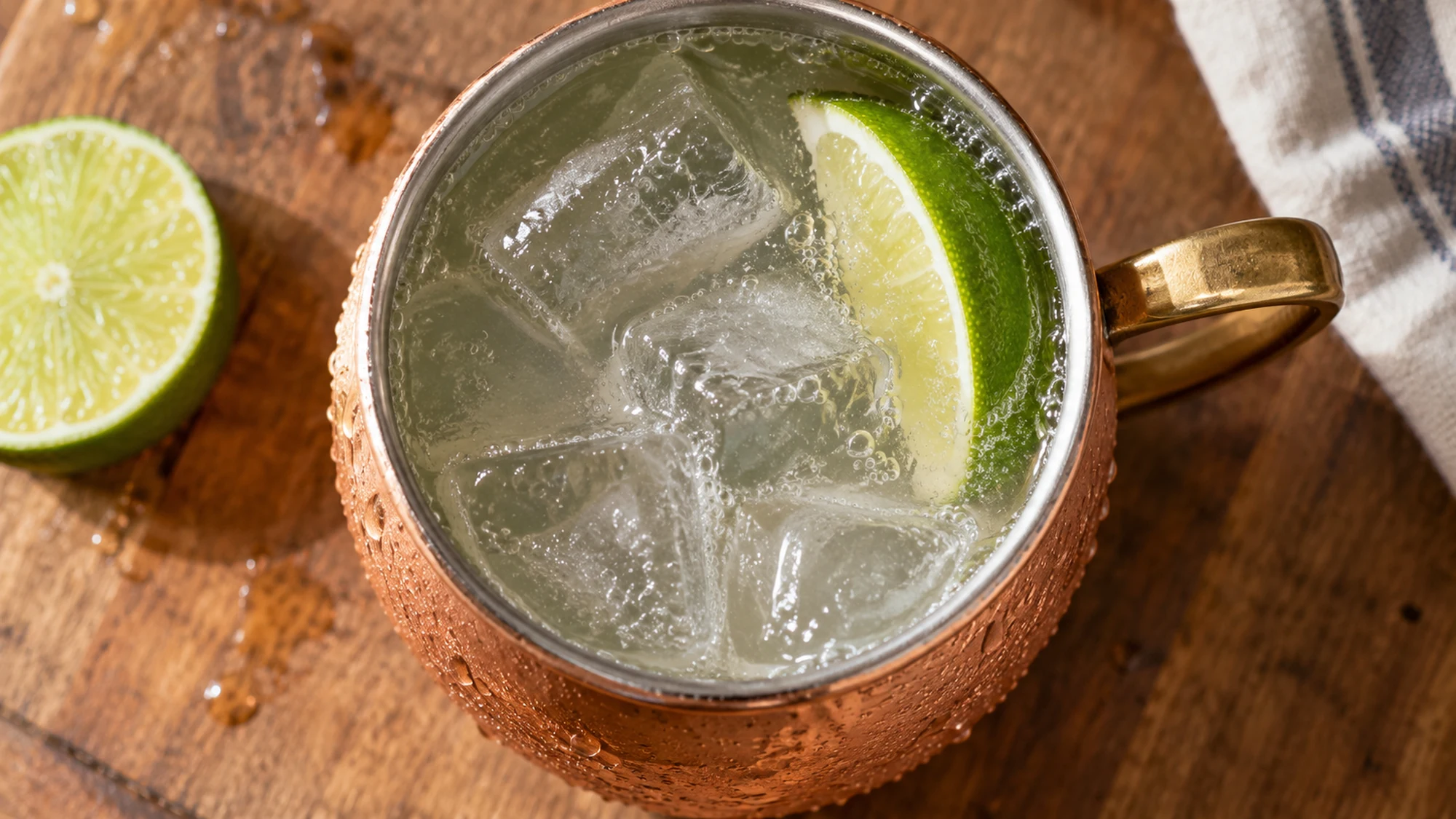 A chilled Moscow Mule garnished with fresh lime