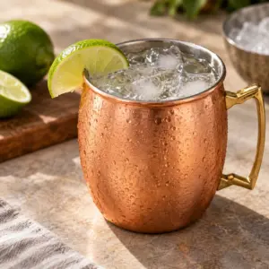 Moscow Mule cocktail in a copper mug with lime and ice