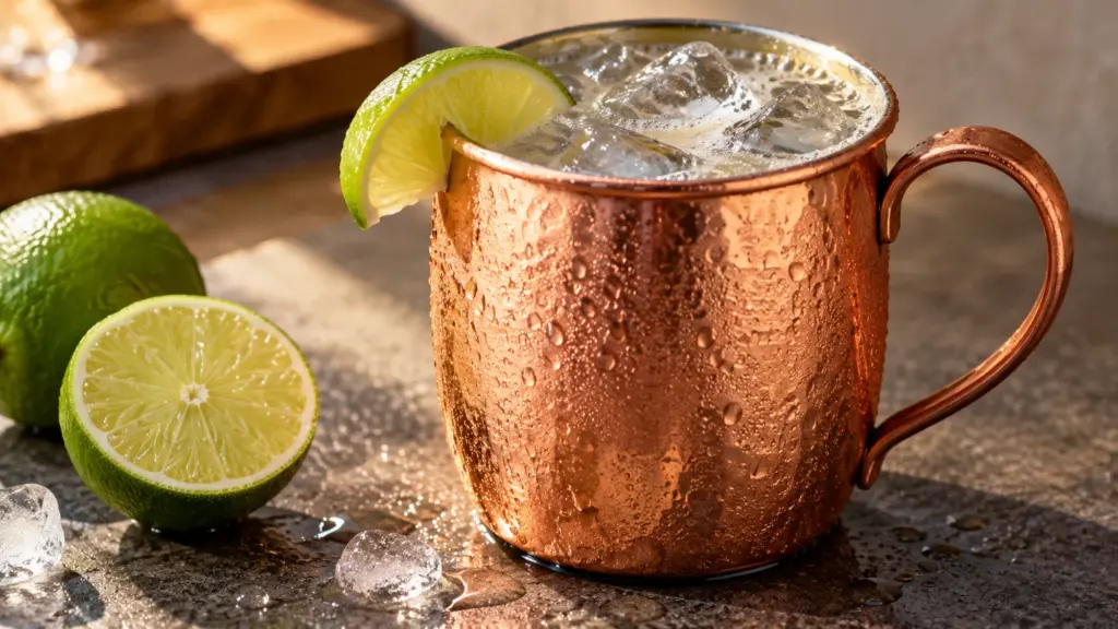 Iced Moscow Mule in a copper mug with a fresh lime wheel