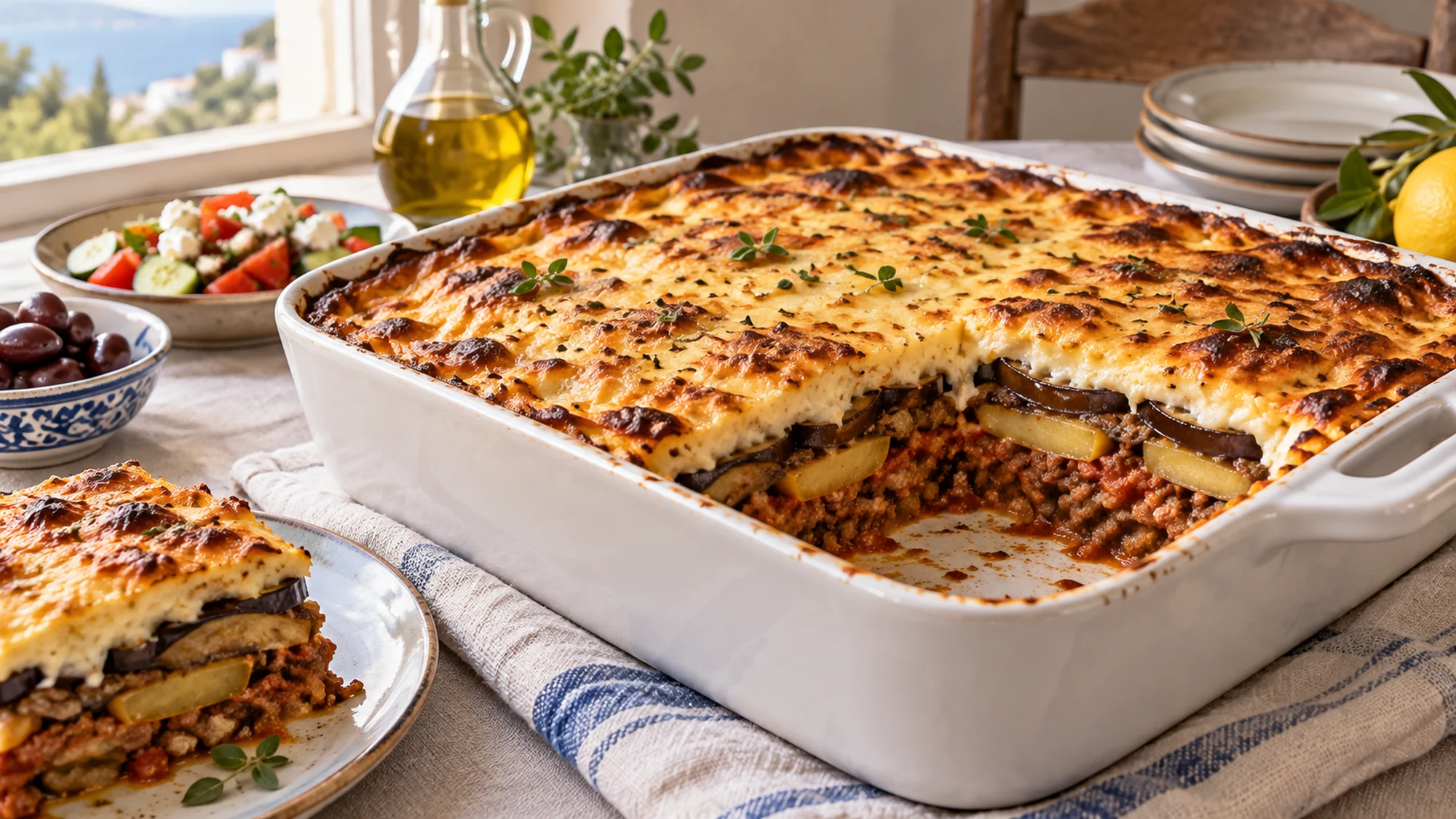 Baked moussaka in a white casserole with a serving removed to reveal its layers