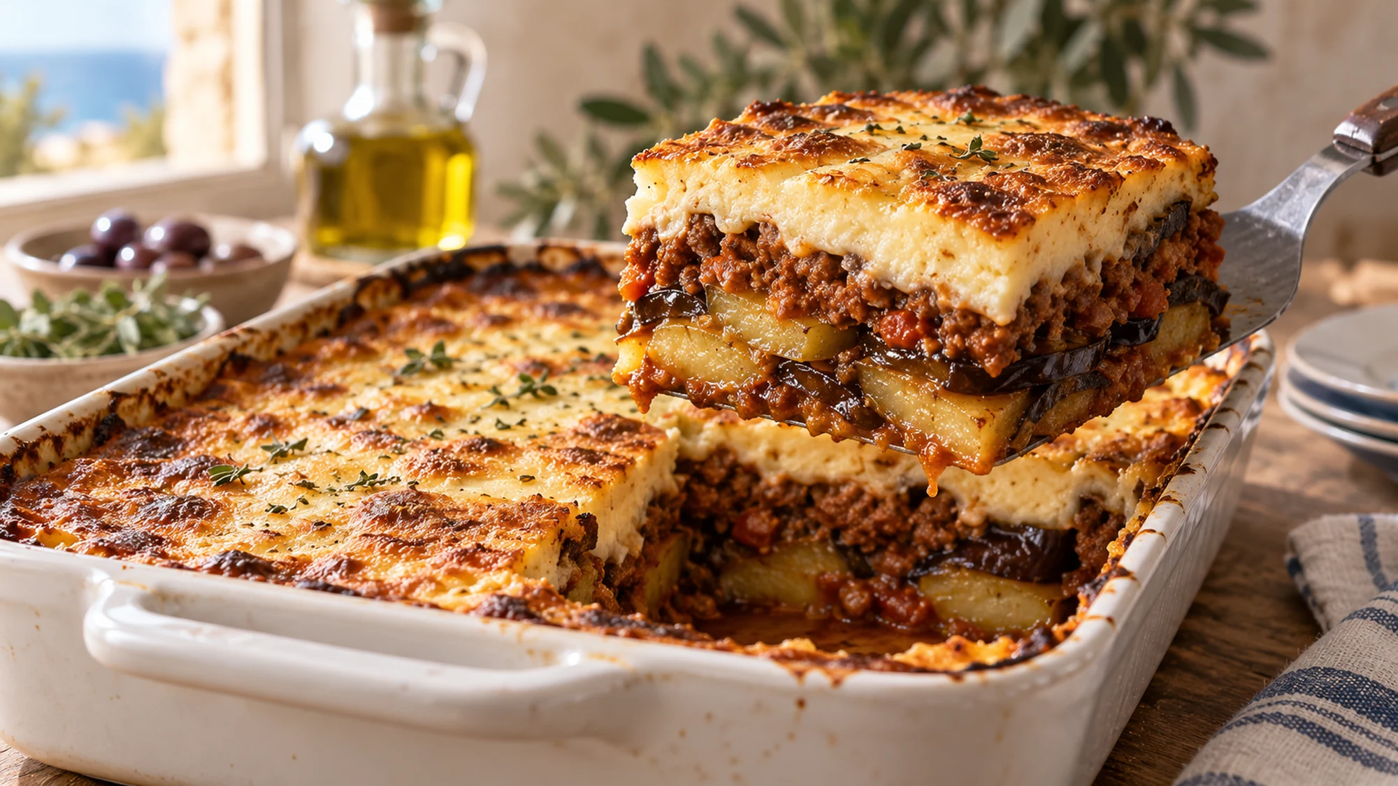 A square of moussaka lifted from a baking dish, showing béchamel, beef, eggplant and potato