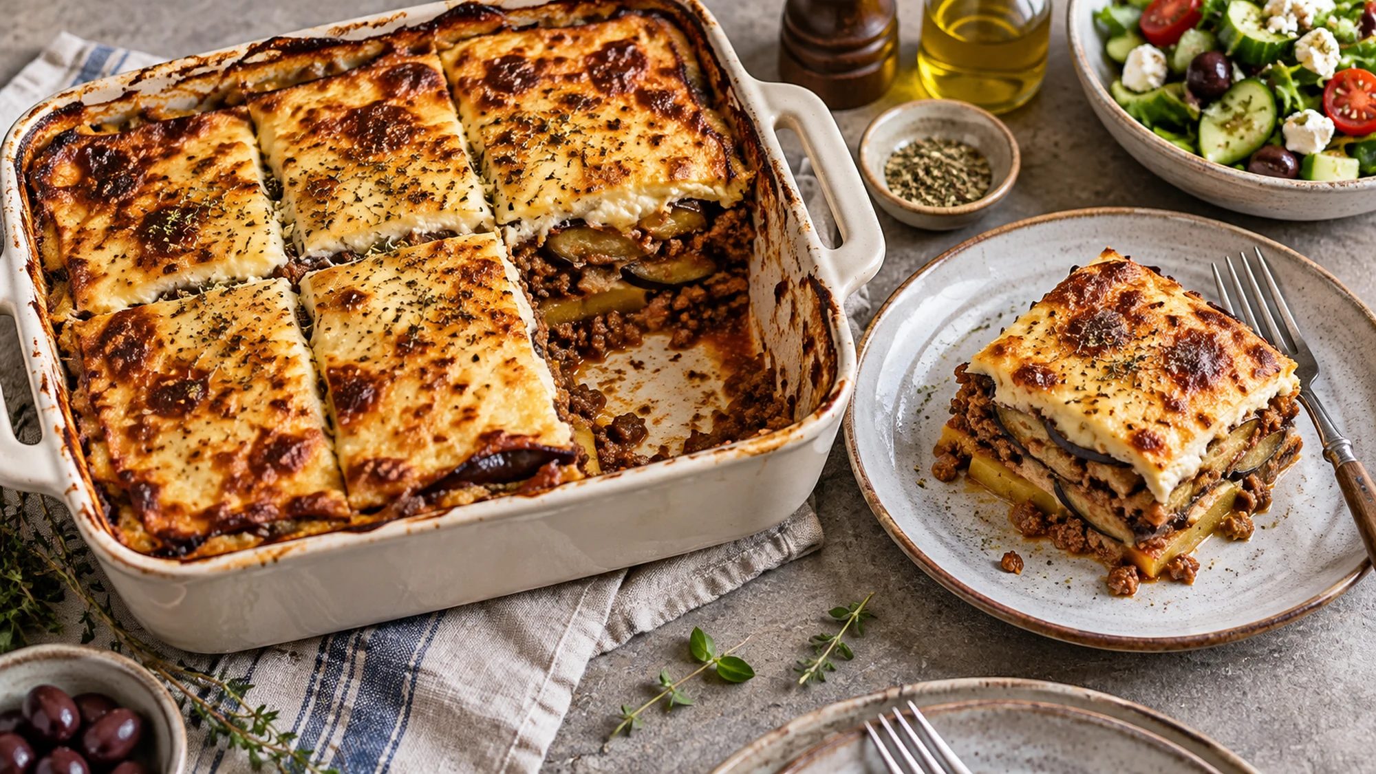 Overhead view of a sliced moussaka casserole and a plated serving