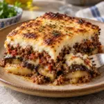 Close view of a square serving of moussaka with browned béchamel and distinct layers