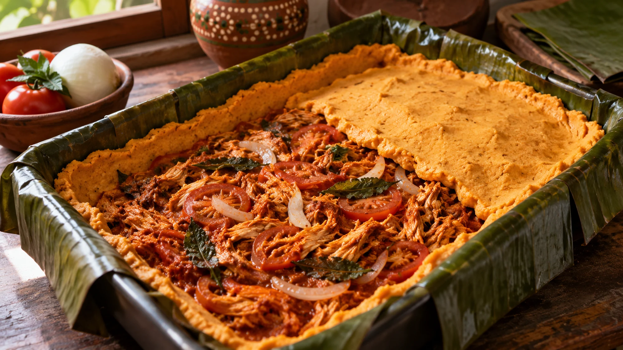 Shredded chicken and k’óol filling for mucbipollo