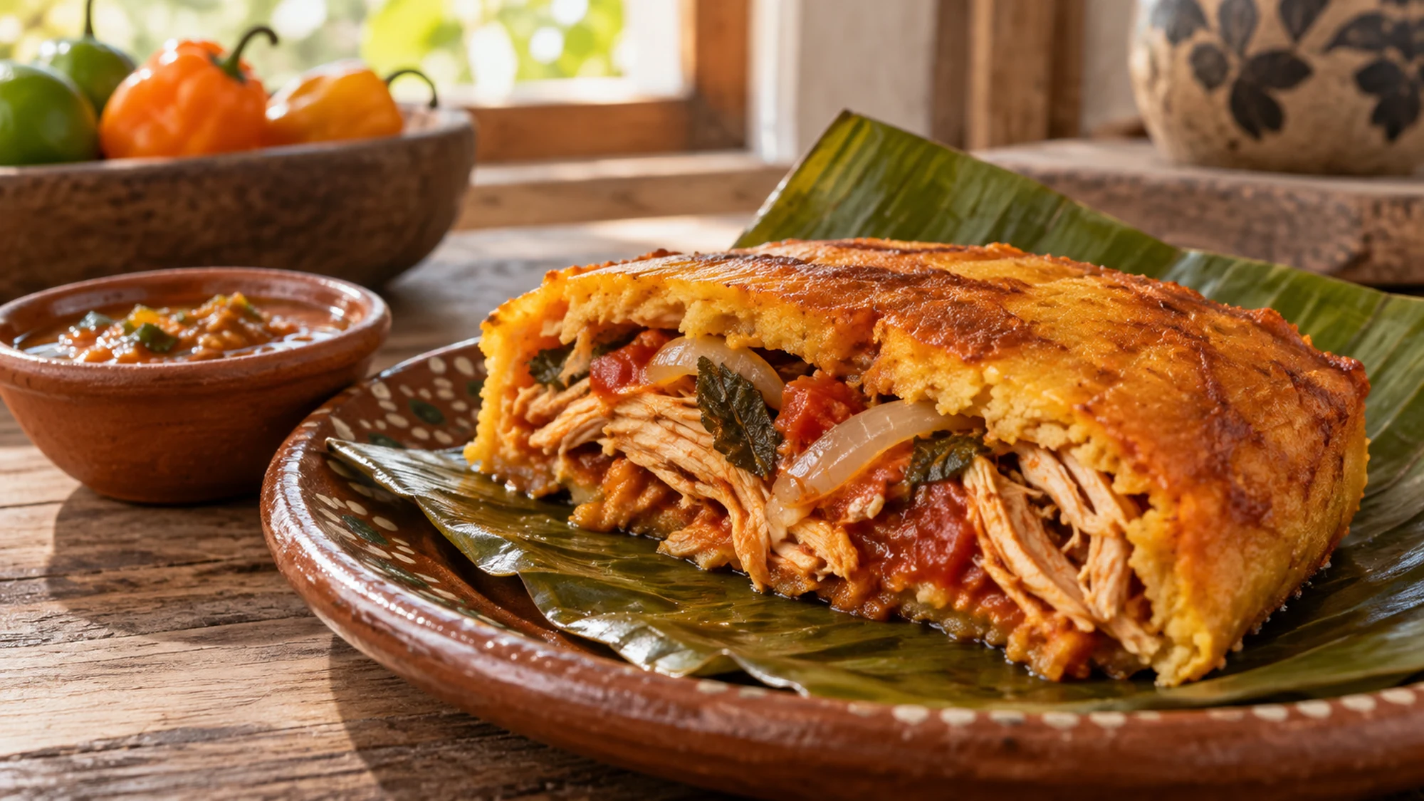 Slice of baked mucbipollo showing chicken filling