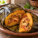 Golden mucbipollo sliced to show chicken filling